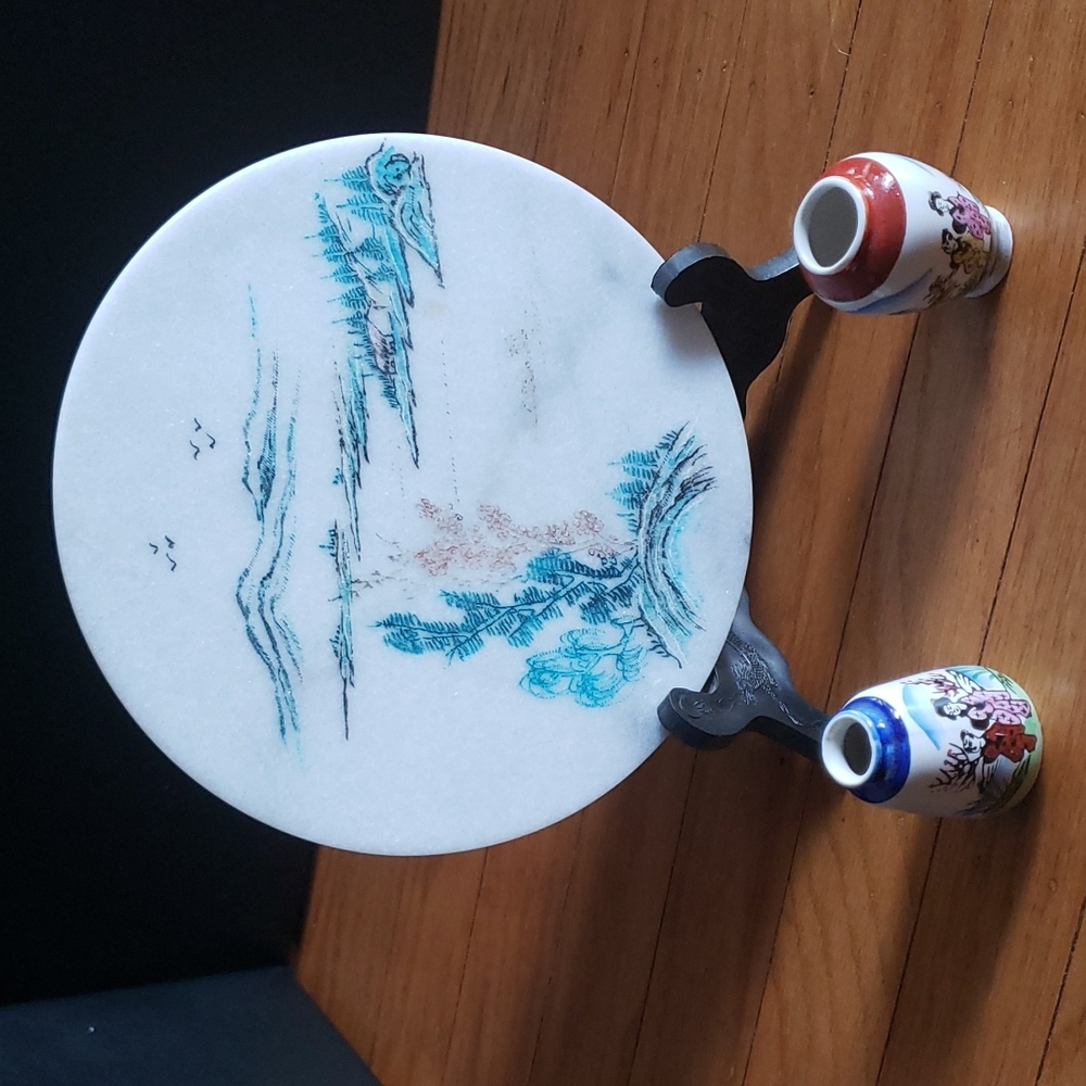 Vintage asian carved stone plate with stand and 2 mini vases.